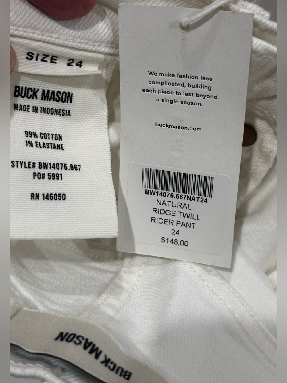 NWT Buck Mason Rider High Waist Straight Leg Twill Jeans Size 24 Natural/White - Picture 10 of 11